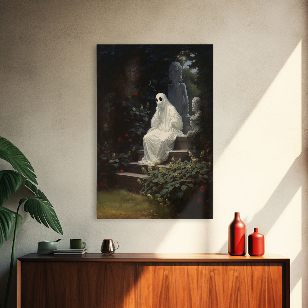 The Thoughtful Ghost, Macabre Halloween Decor, Halloween Poster / Canvas Print, Framed Wall Art, Dark Academia Goth Art