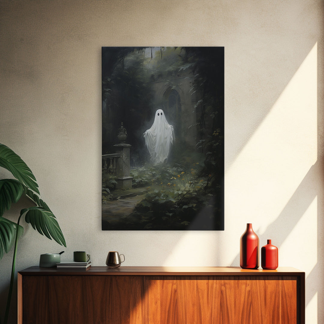 The Ghost In The Garden, Halloween Canvas Print, Framed Canvas Art, Halloween Decor, Dark Academia, Horror Prints, Oil Painting