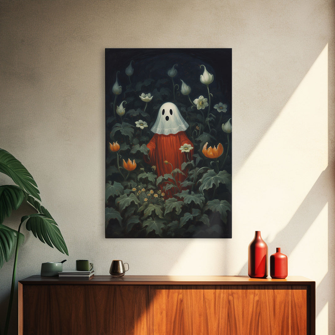 The Ghost In The Flower Garden, Halloween Canvas Print, Framed Canvas Art, Halloween Decor, Dark Academia, Horror Prints, Oil Painting