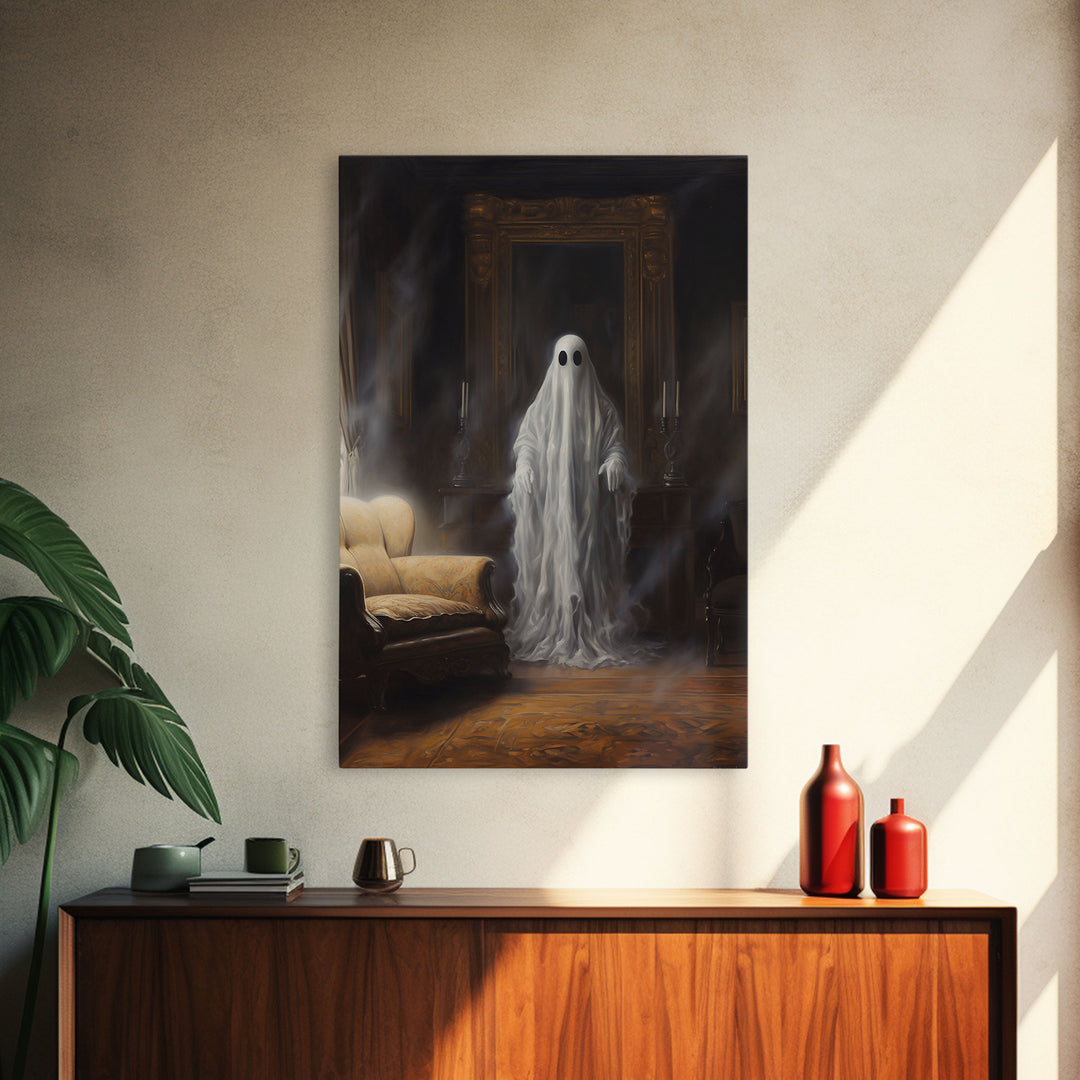 The Ghost In The Mirror, Ghost Print, Framed Canvas, Halloween Canvas Print, Horror Print, Macabre Dark Academia Wall Art