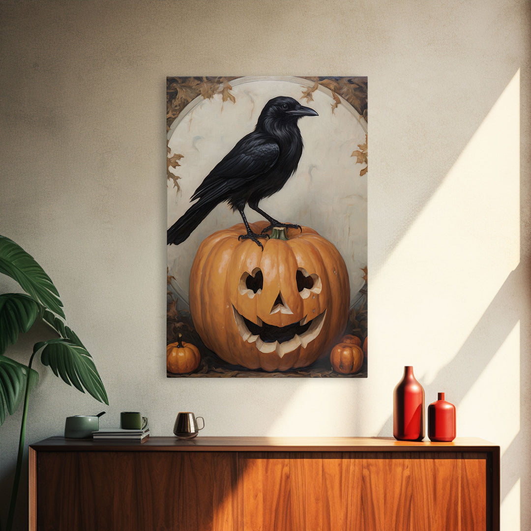 Vintage Halloween Crow Print, Raven On A Jack O Lantern Oil Painting Framed Canvas Print, Retro Halloween Wall Art, Macabre Art