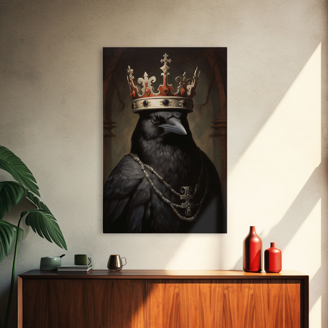 King Raven Print, Vintage Canvas, Art Canvas Print, Dark Academia, Gothic Victorian Crow, Cool Halloween Decorations, Framed Canvas Print