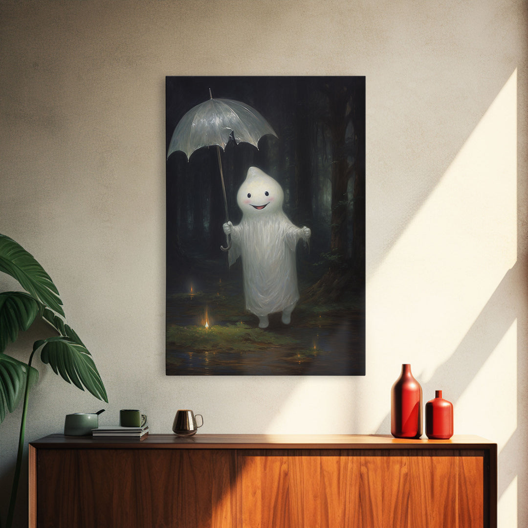 The Playground Ghost, Funny Halloween, Vintage Halloween Canvas, Framed Canvas Print, Cute Wall Art, Ghost On A Swing, Macabre Goth Art