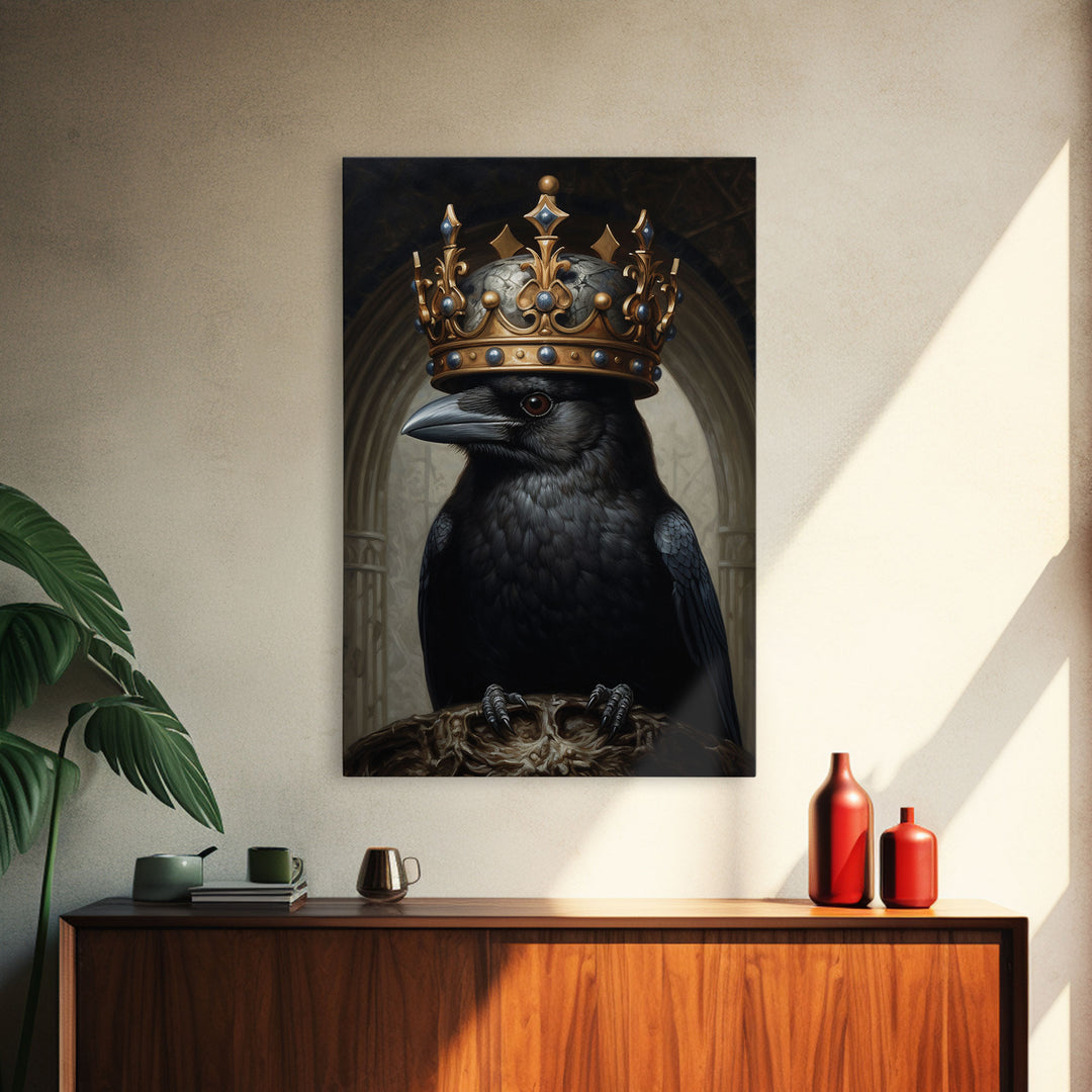 King Of The Ravens, Dark Academia, Gothic Decor, Witch's Familiar, Framed Canvas Print or Canvas, Crow Portrait, Halloween Decor Art