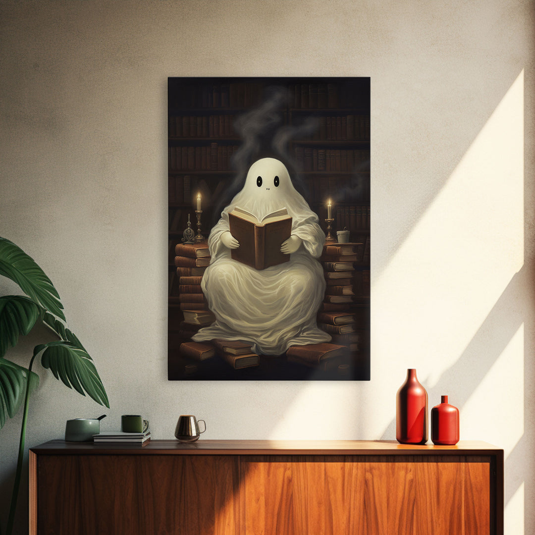 The Reading Ghost, Victorian Halloween Art, Funny Halloween, Framed Canvas, Halloween Canvas Art, Macabre Goth Art