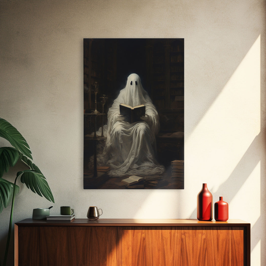 The Reading Ghost, Victorian Halloween Art, Funny Halloween, Framed Canvas, Halloween Canvas Art, Macabre Goth Art