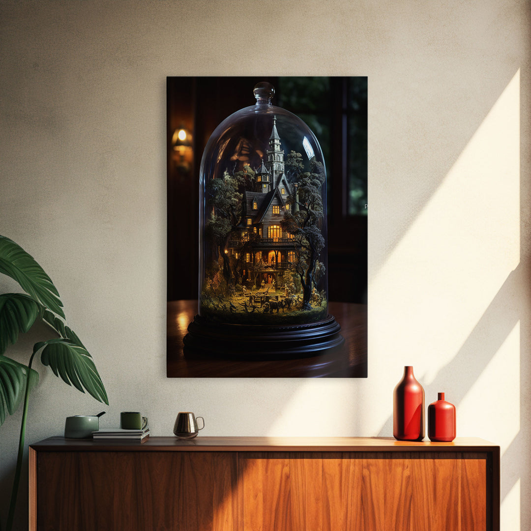 Halloween Snowglobe Art, Framed Canvas Print, Haunted Victorian Mansion In A Bubble, Tiny Worlds, Mini Worlds Art, Vintage Halloween Art