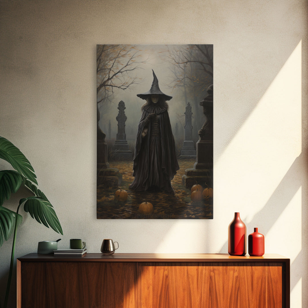 The Witch In The Cemetary, Vintage Halloween Witch Art, Halloween Canvas Printed / Framed Canvas, Witchy Decor, Witchcraft, Dark Academia