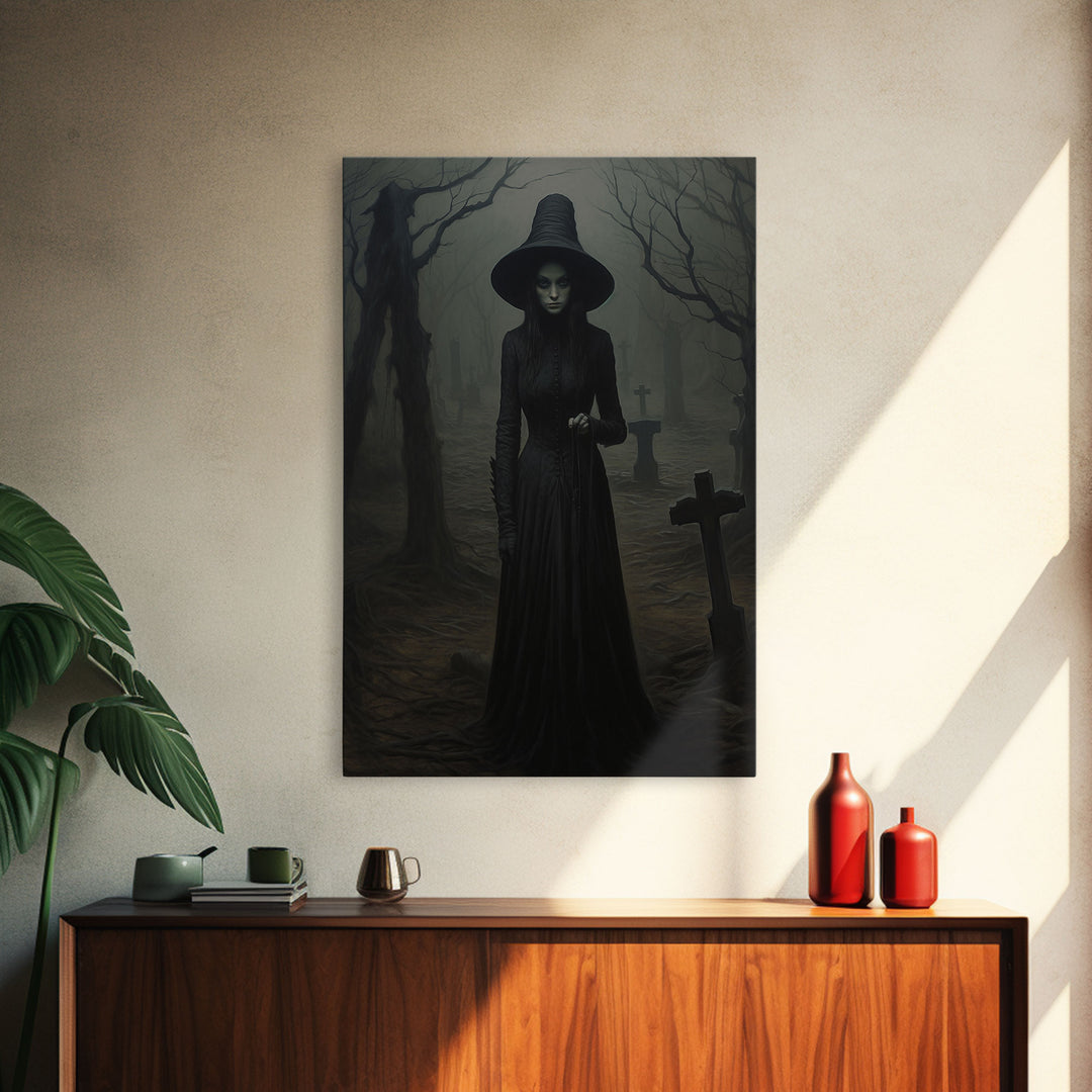 The Witch In The Cemetary, Vintage Halloween Witch Art, Halloween Canvas Printed / Framed Canvas, Witchy Decor, Witchcraft, Dark Academia