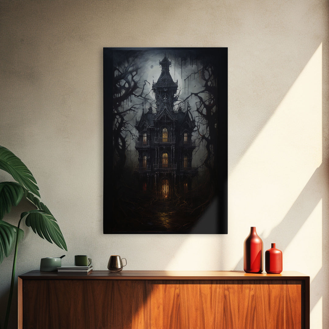 The Haunted House, Framed Canvas Art, Painting Of Haunted Victorian Mansion, Dark Academia, Halloween Decorations, Halloween Art