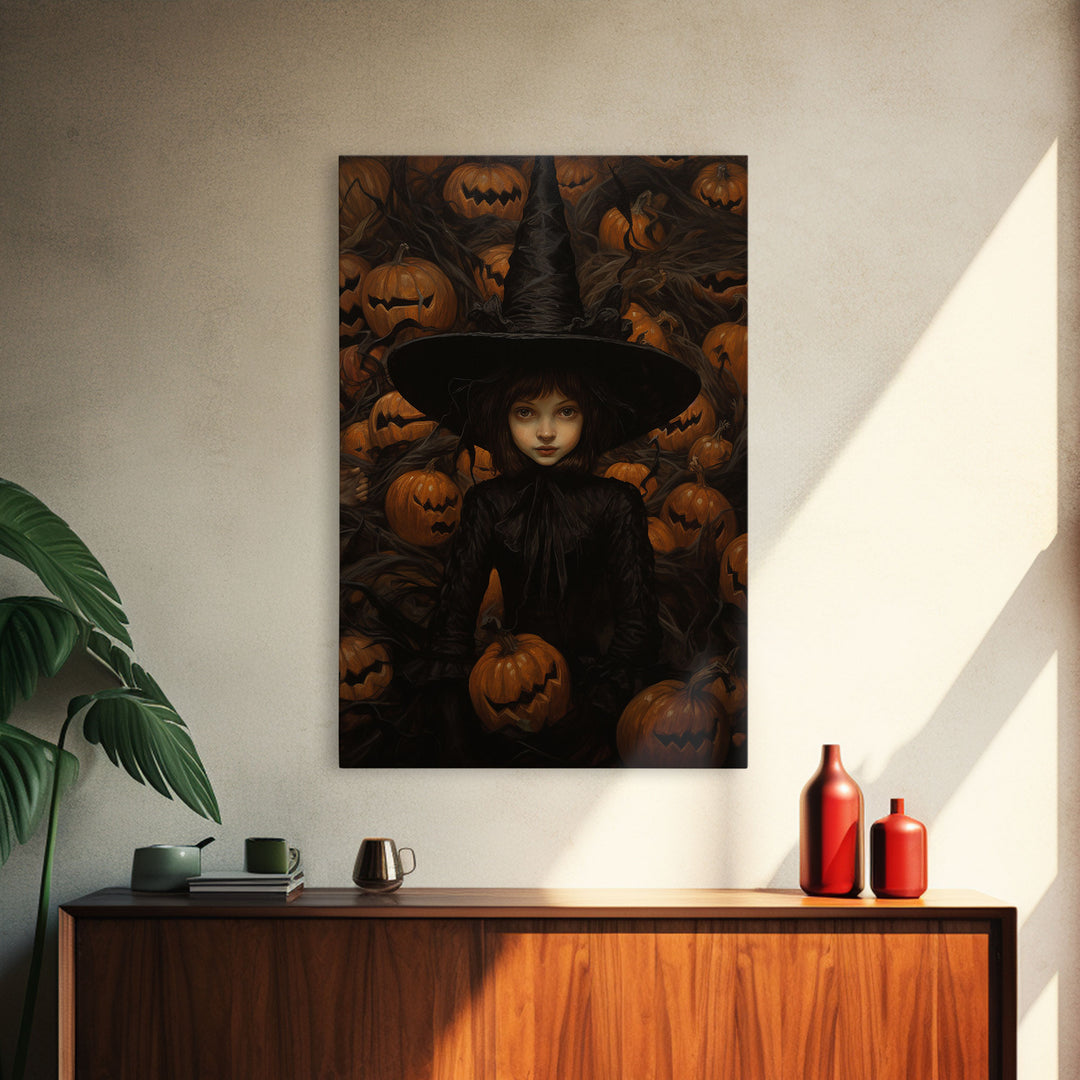 Gothic Witch Art, Framed Halloween Canvas, Canvas Print, Spooky Halloween Wall Art, Halloween Decoration, Witchy Decor Pumpkin Patch Witch