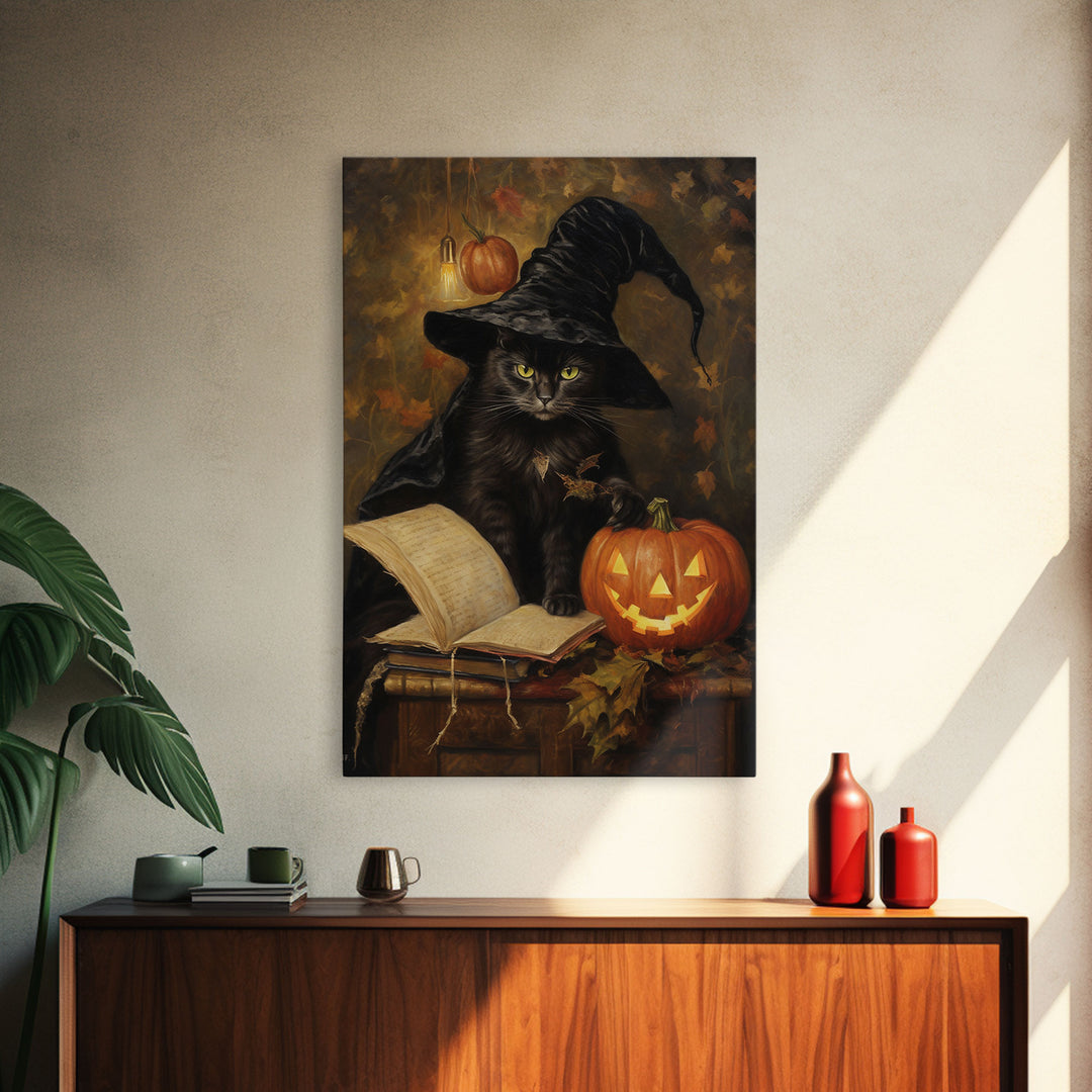 Cute Witch Cat Reading Her Book Of Spells, Vintage Halloween Art, Framed Canvas Print, Halloween Canvas Art, Witchcraft