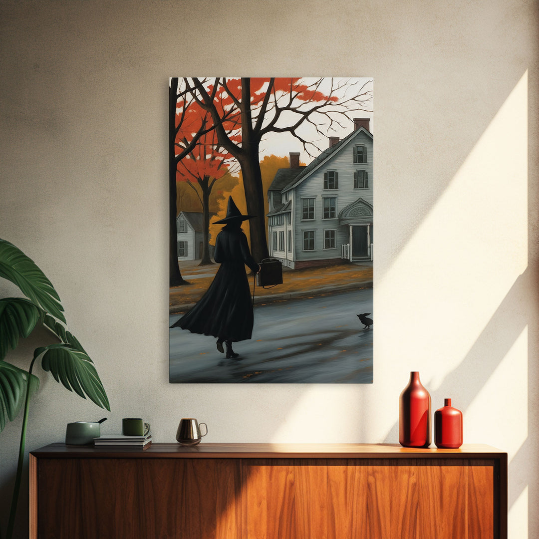 Halloween Abstract Art, Framed Canvas Print, Witch On The Streets of Salem, Halloween Decor- Witchcraft Art