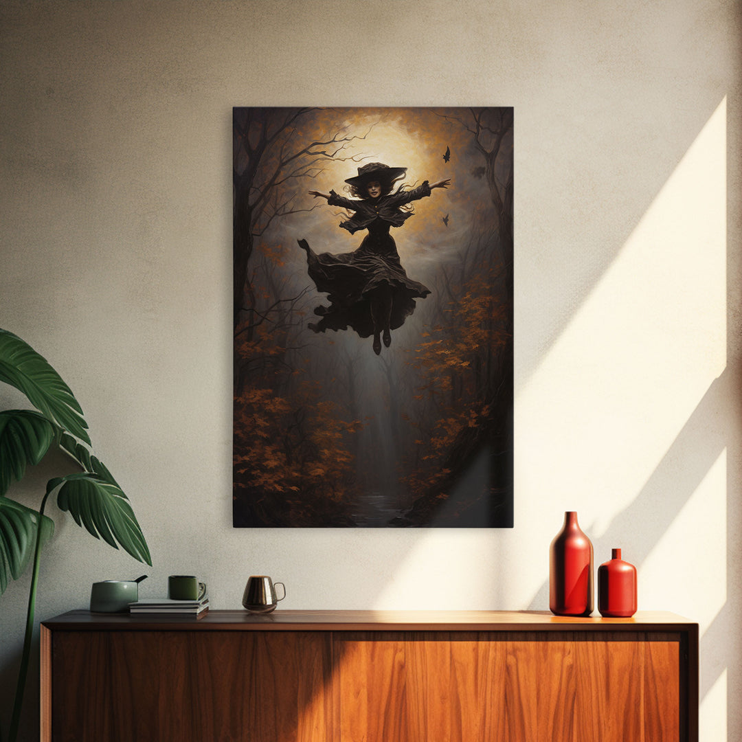 The Wicked Witch, Halloween Canvas, Framed Canvas Print, Spooky Gothic Oil Painting, Witch Flying Through The Air Against A Full Moon, Witch