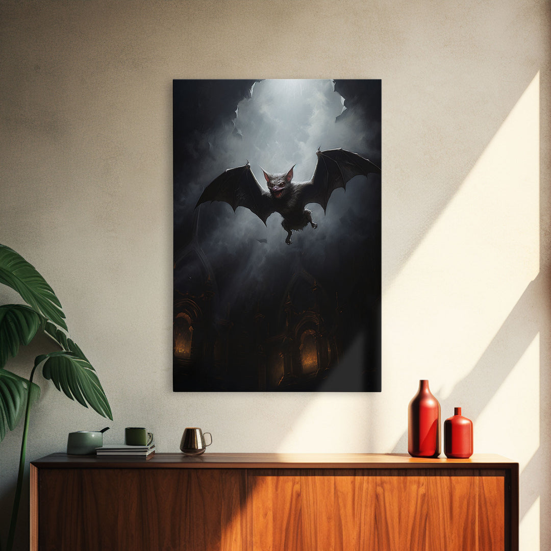 Vampire Bat In The Night, Art Canvas Print, Dark Academia, Halloween Bat Print, Halloween Decor, Monster Print, Macabre Art