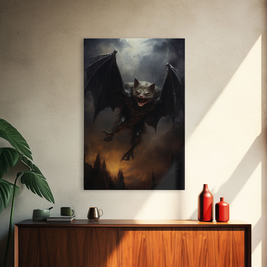 Vampire Bat In The Night, Art Canvas Print, Dark Academia, Halloween Bat Print, Halloween Decor, Monster Print, Macabre Art