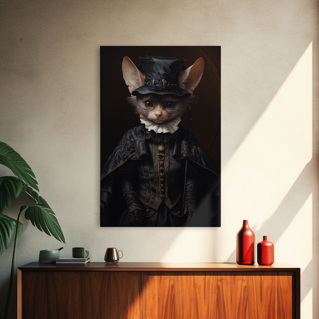 Cute Vampire Bat Painting, Vintage Canvas, Art Canvas Print, Dark Academia, Dracula, Halloween Decor, Goth Art, Victorian Bat Portrait