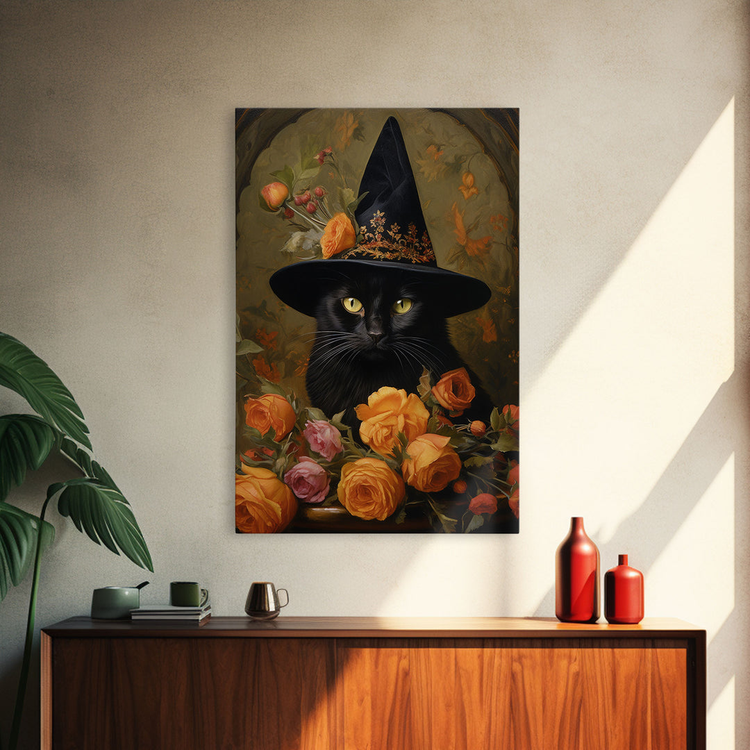 Cute Witch's Familiar Cat Halloween Art, Cat Witch, Cat Painting, Cute Cat Print, Halloween Decor, Black Cat Print, Framed Canvas / Canvas