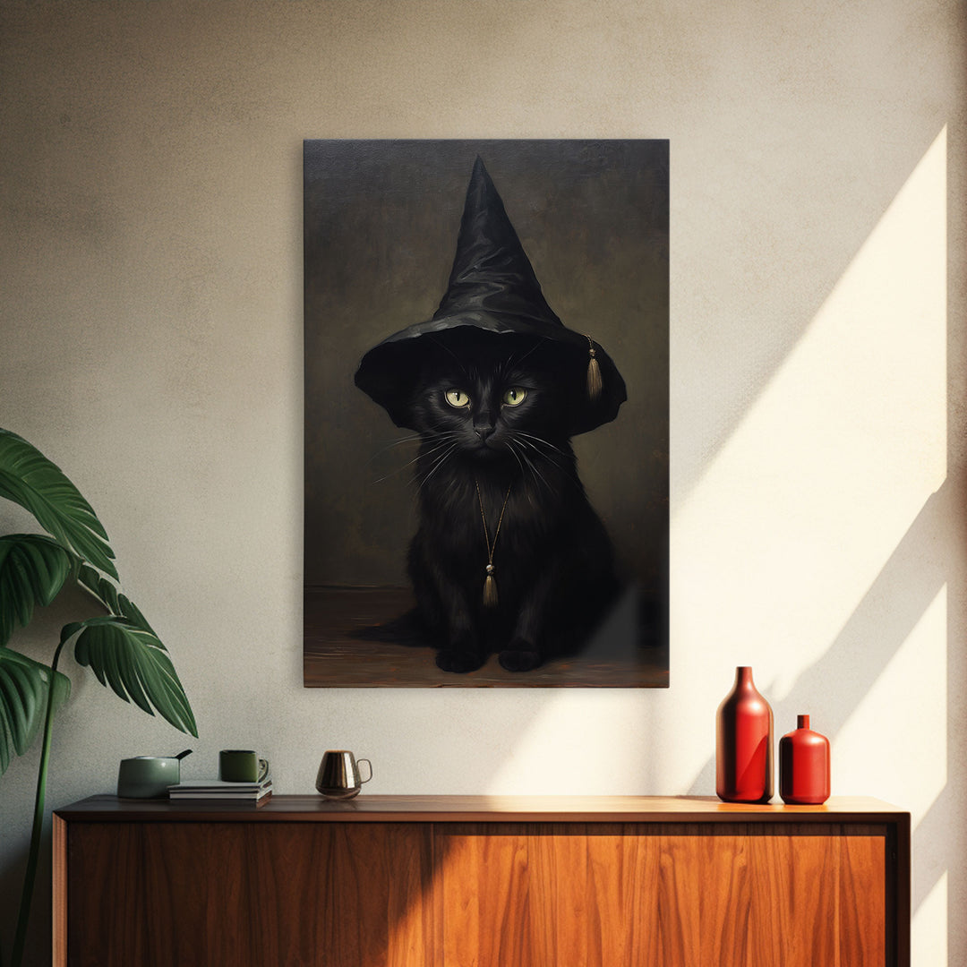 Cute Witch's Familiar Cat Halloween Art, Cat Witch, Cat Painting, Cute Cat Print, Halloween Decor, Black Cat Print, Framed Canvas / Canvas