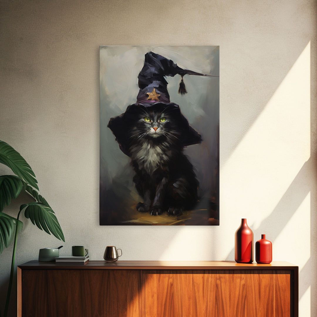 The Wizard Cat, Framed Canvas Print, Dark Academia Halloween Art, Victorian Cat Oil Painting, Goth Halloween Decor