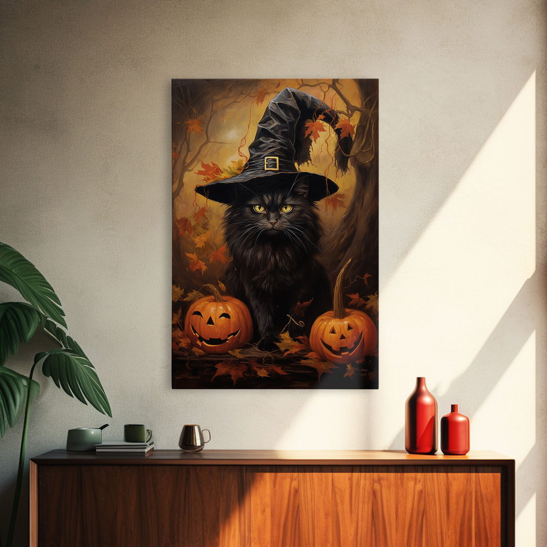 The Witch Cat With Her Jack O Lanterns, Framed Canvas Print, Dark Academia Halloween Art, Victorian Cat Oil Painting, Goth Halloween Decor