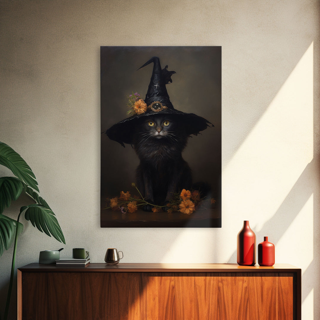 The Witch Cat With A Flower In Her Cap, Framed Canvas Print, Dark Academia Halloween Art, Victorian Cat Oil Painting, Goth Halloween Decor