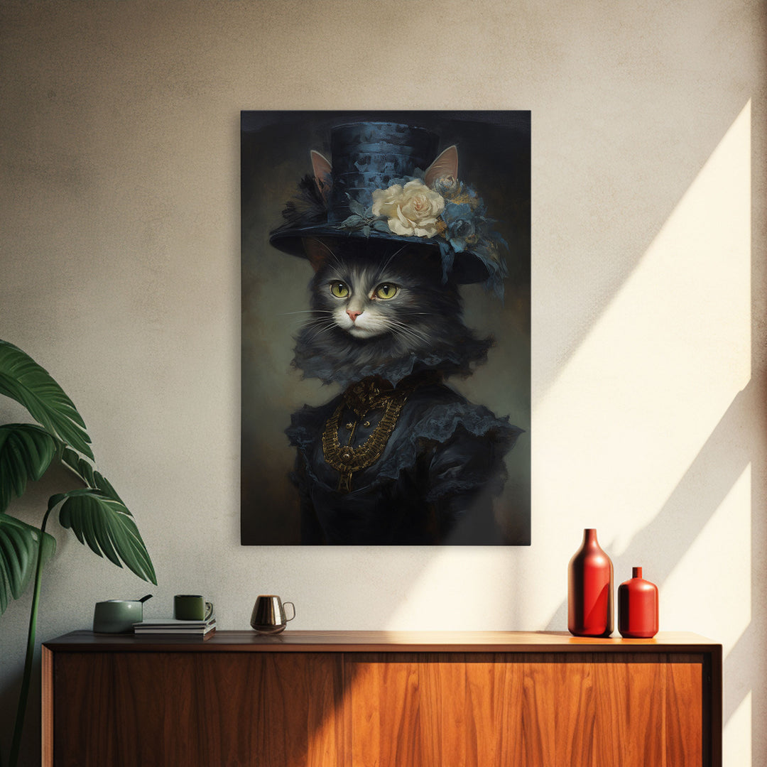 Victorian Cat Portrait, Framed Canvas Print, Oil Painting, Halloween Decor, Cute Halloween Wall Art, Funny Halloween Decor