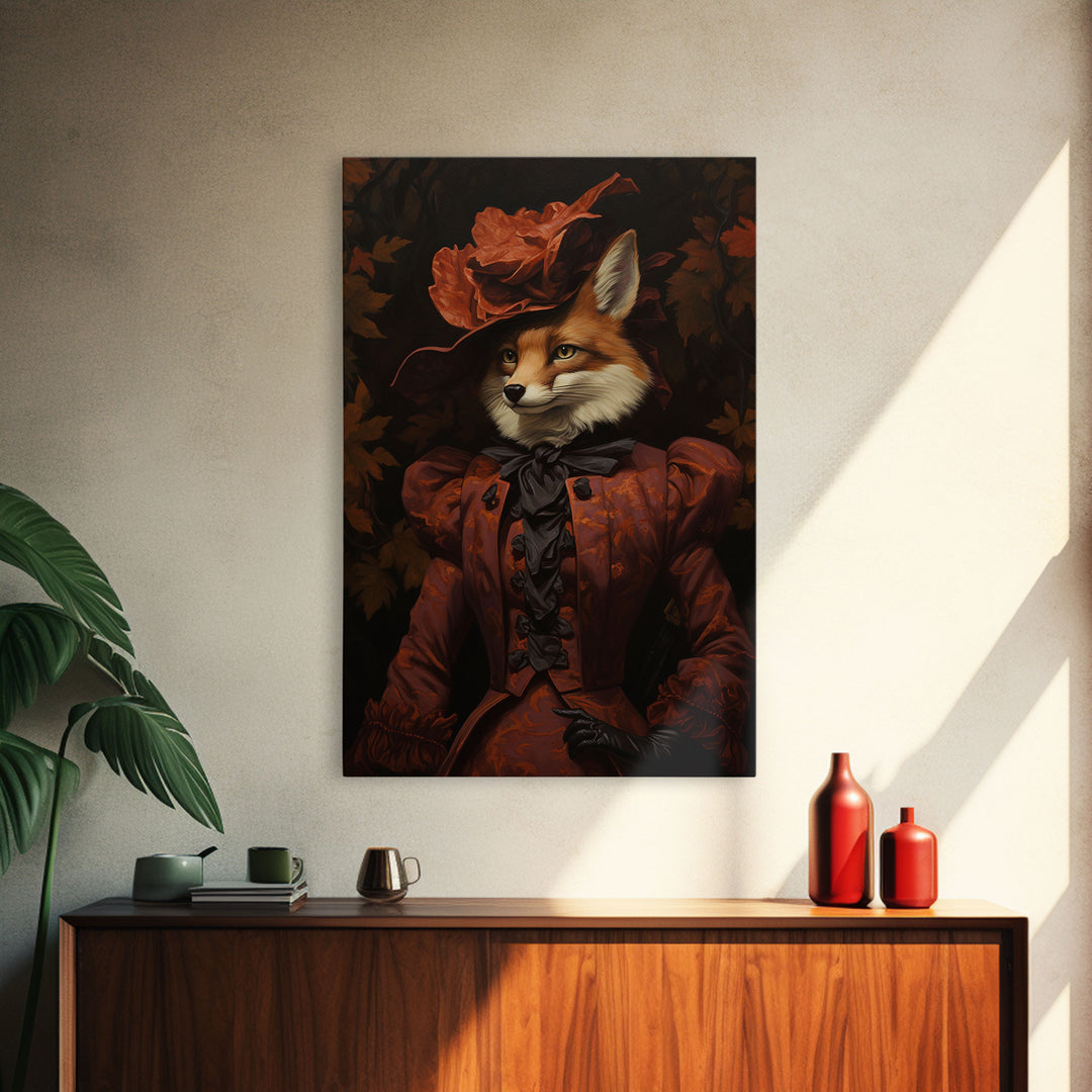 Victorian Lady Fox, Framed Canvas or Canvas Print, Halloween Decor, Dark Academia, Funny Halloween Decorations