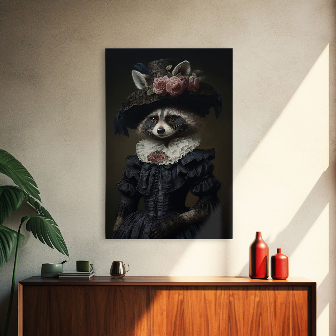 Fancy Victorian Lady Racoon, Framed Canvas Print Or Canvas, Victorian Animal Print Oil Painting, Funny Halloween Decor