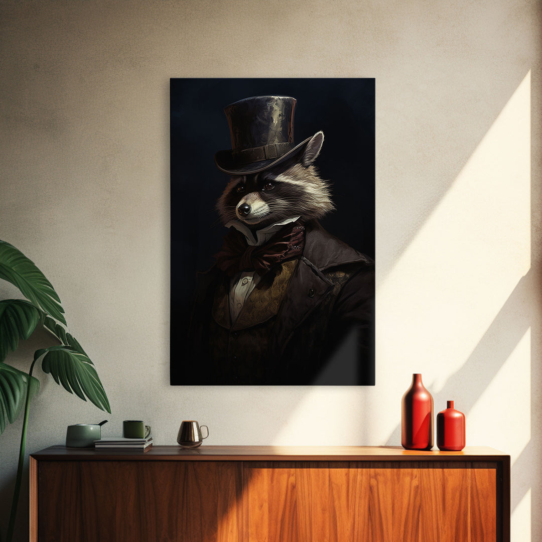 Funny Raccoon Art, Framed Canvas Print Or Poster, Funny Halloween Art, Victorian Raccoon Oil Painting Portrait, Victorian Business Raccoon