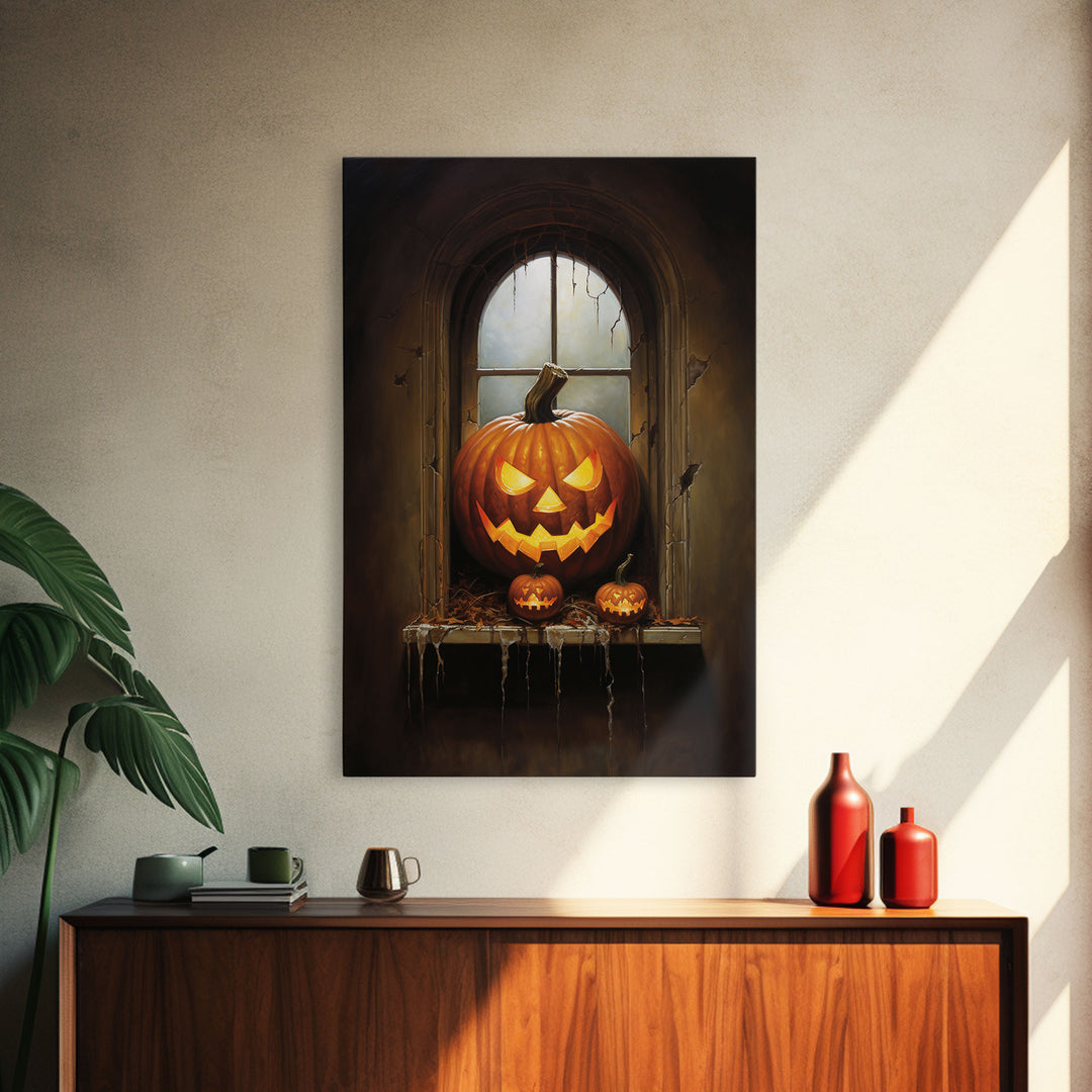 Jack O Lantern In The Window, Trick or Treat, Halloween Print, Art Canvas Print, Halloween Decor, Halloween Art, Spooky Halloween Decoration