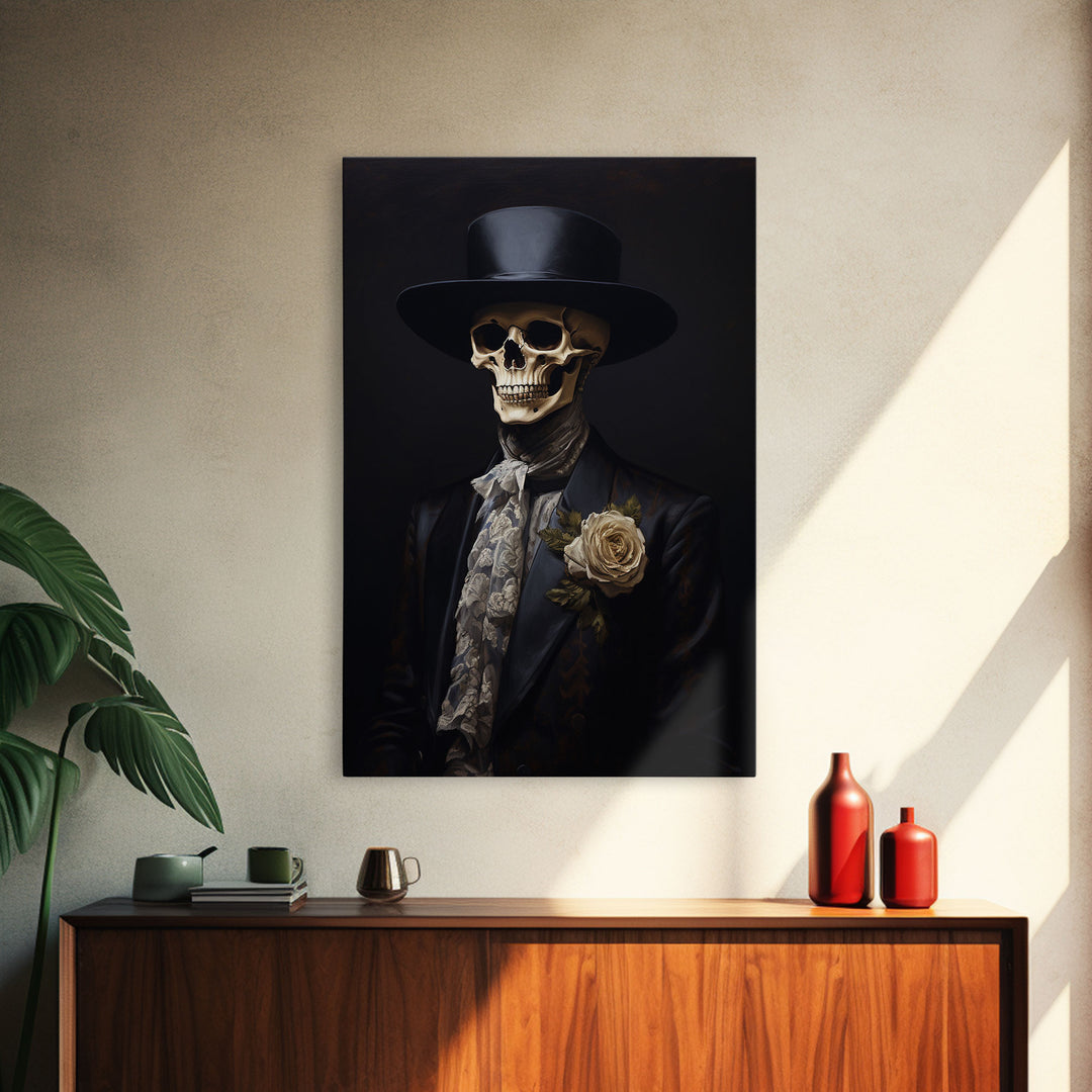 The Dapper Skeleton, Spooky Halloween Wall Art, Canvas Print, Framed Halloween Canvas Print, Dark Academia, Goth Art