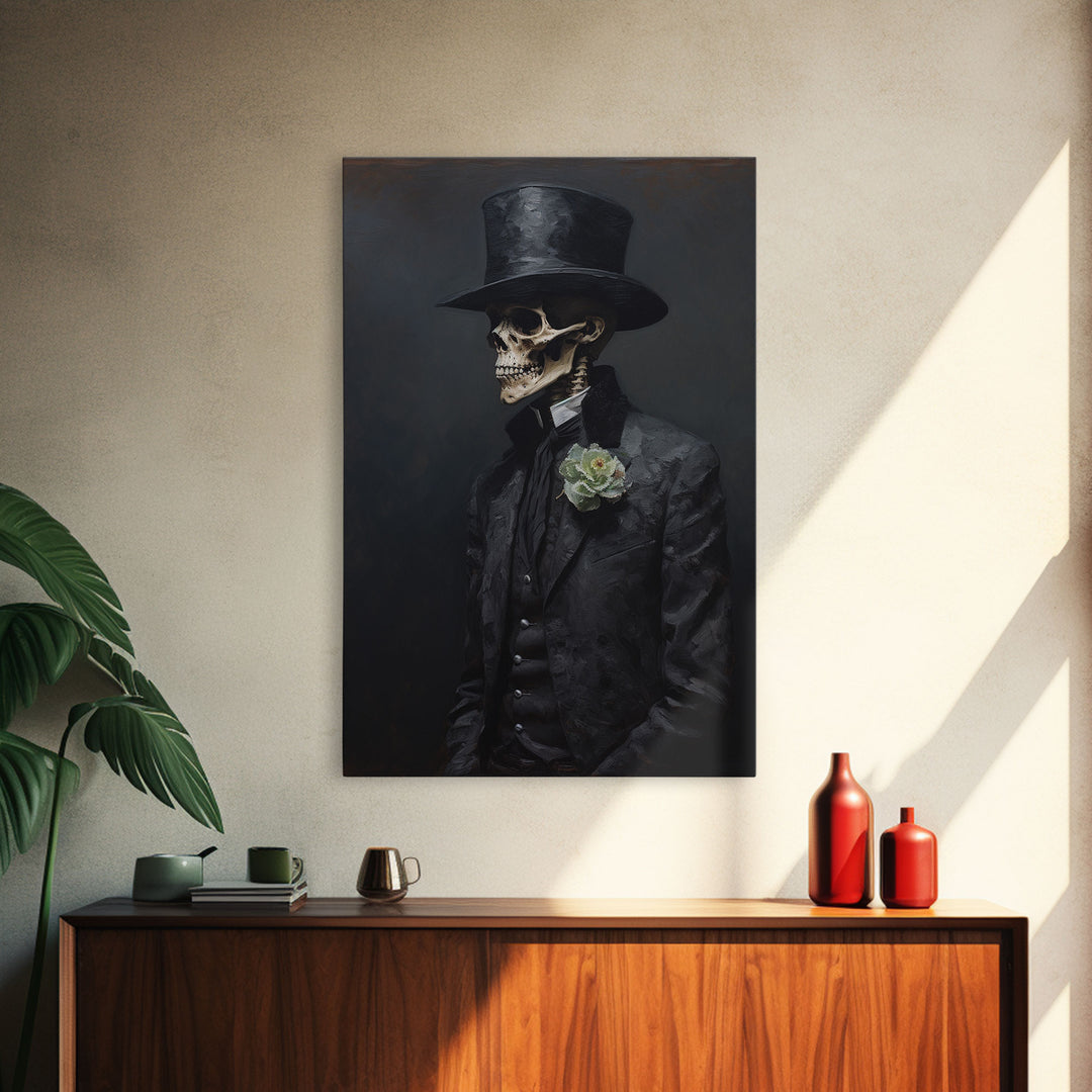 The Dapper Gentleman Skeleton, Spooky Halloween Wall Art, Canvas Print, Framed Halloween Canvas Print, Dark Academia, Goth Art