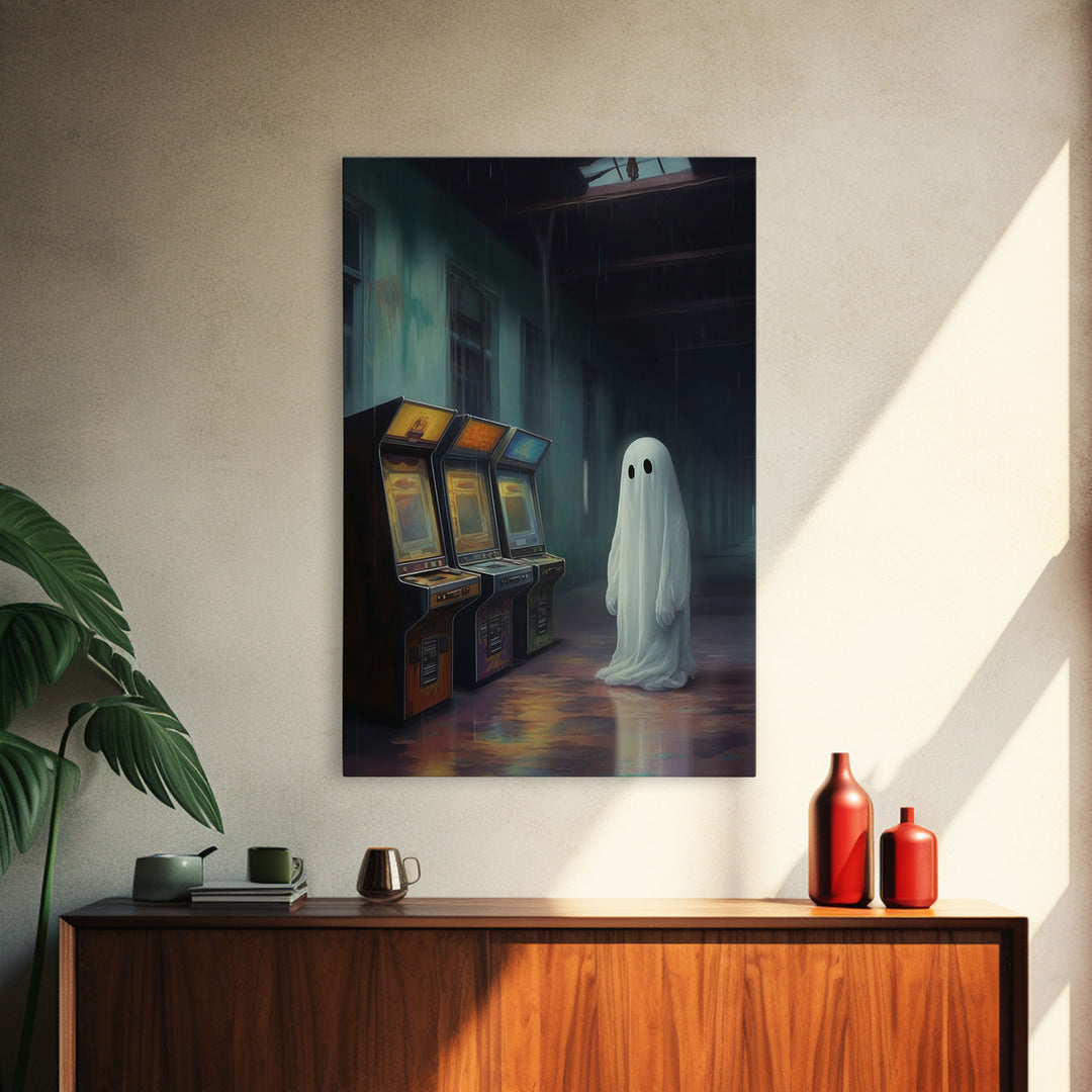 Ghost in an Abandoned Arcade, Nostalgia Canvas, Art Canvas Print, Dark Academia, Gothic Retro, Game Room Art, Halloween Decoration