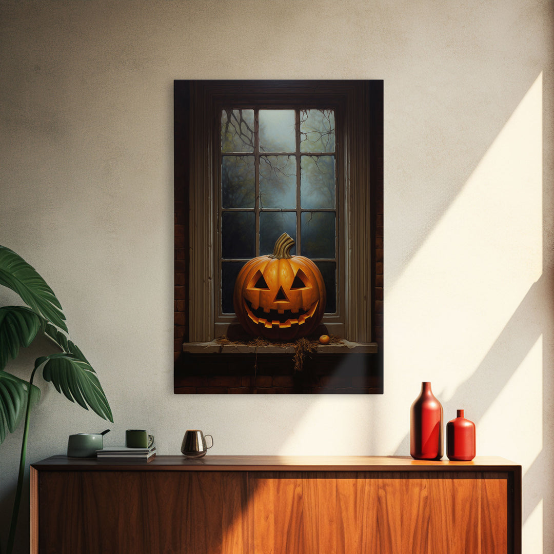 Spooky Jack O' Lantern In A Window Sill, Framed Canvas Print, Halloween Canvas, Halloween Art, Dark Academia, Art Canvas Print