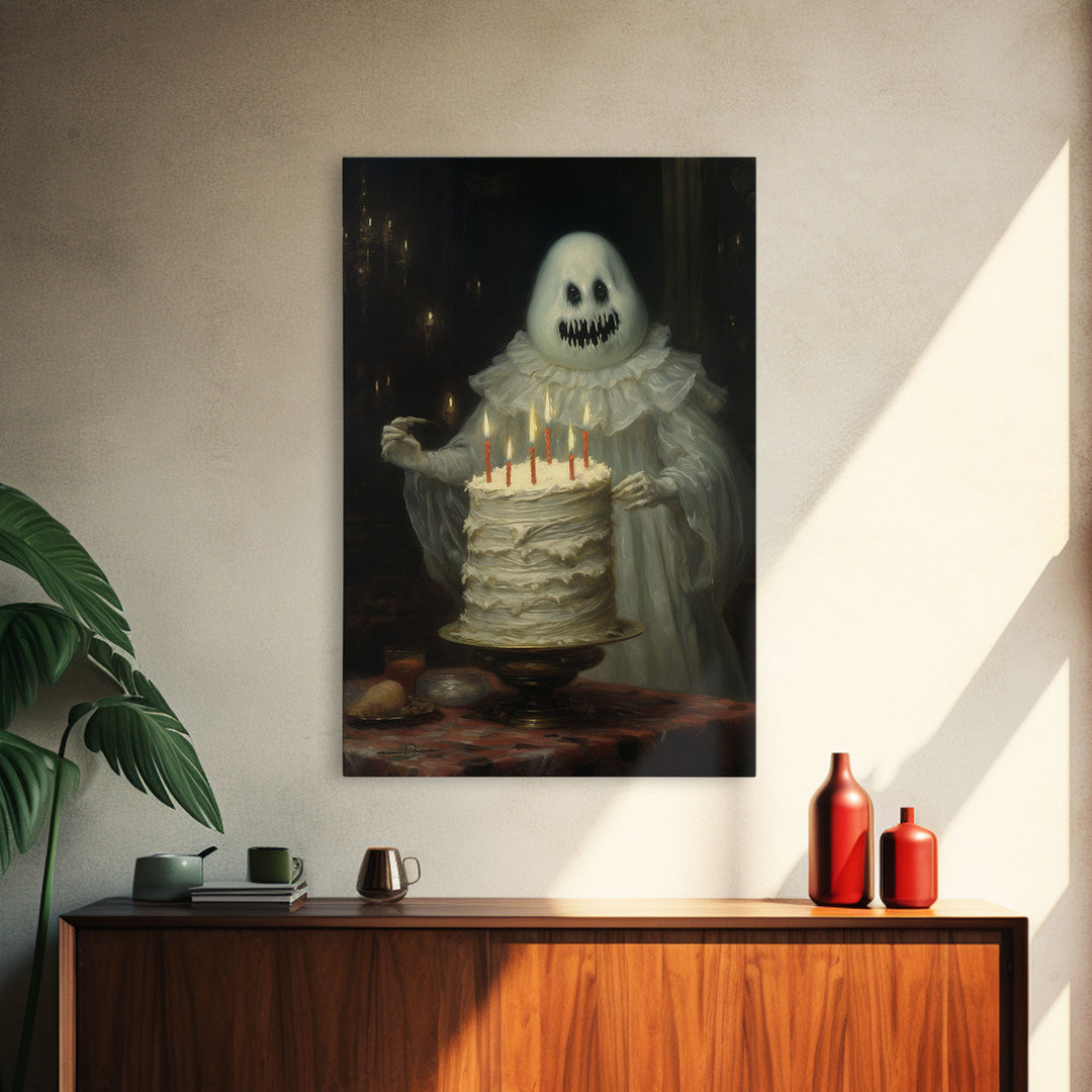 The Ghost And The Cake, Funny Halloween Art, Framed Canvas Print