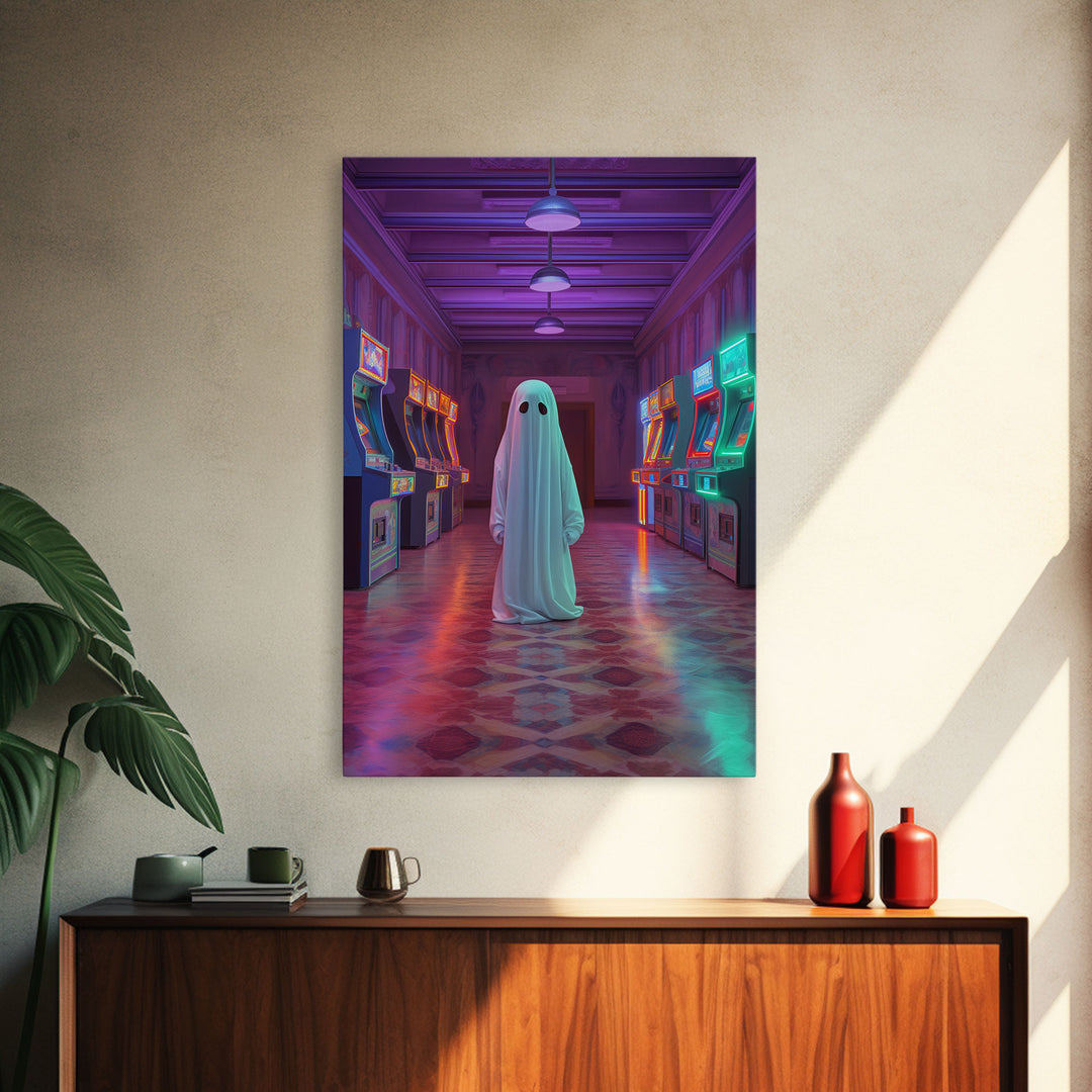 The Phantom Of The Arcade, Framed Canvas Print, Retro Vaporwave Halloween Mashup Art, Halloween Canvas Prints