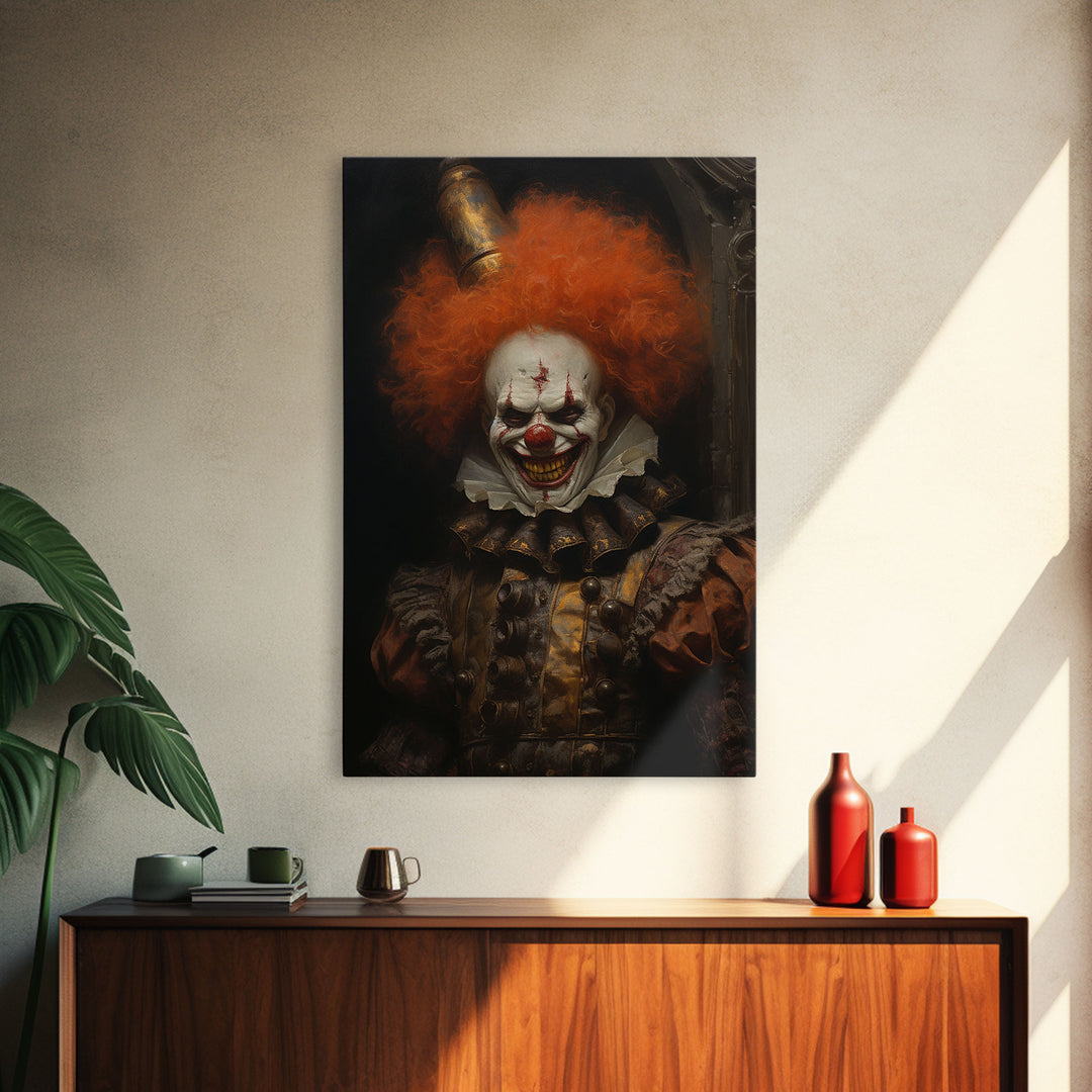 Scary Victorian Clown, Coulrophobia, Framed Canvas Print, Victorian Gothic Halloween Art, Oddities and Curiosities, Halloween Decoration