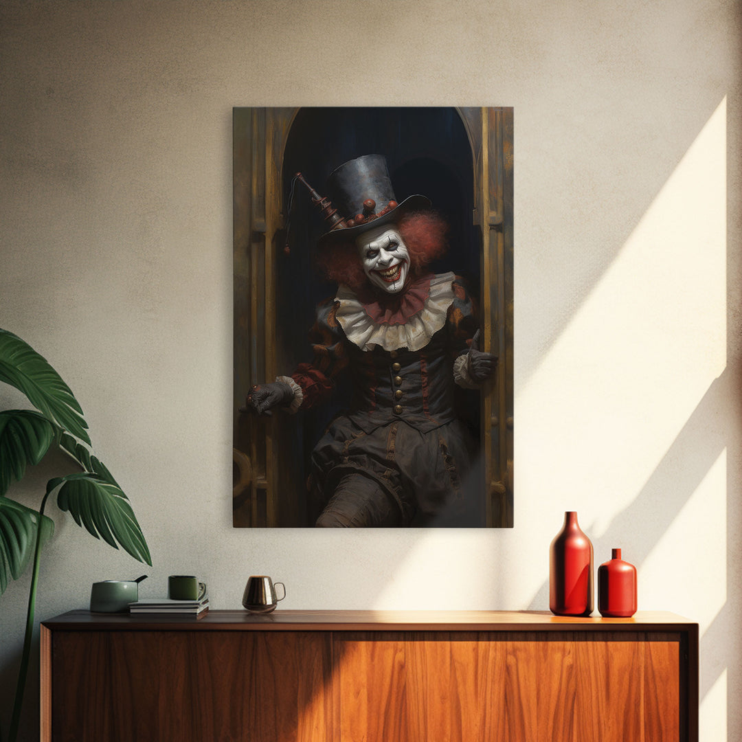 Scary Victorian Clown, Coulrophobia, Framed Canvas Print, Victorian Gothic Halloween Art, Oddities and Curiosities, Halloween Decoration