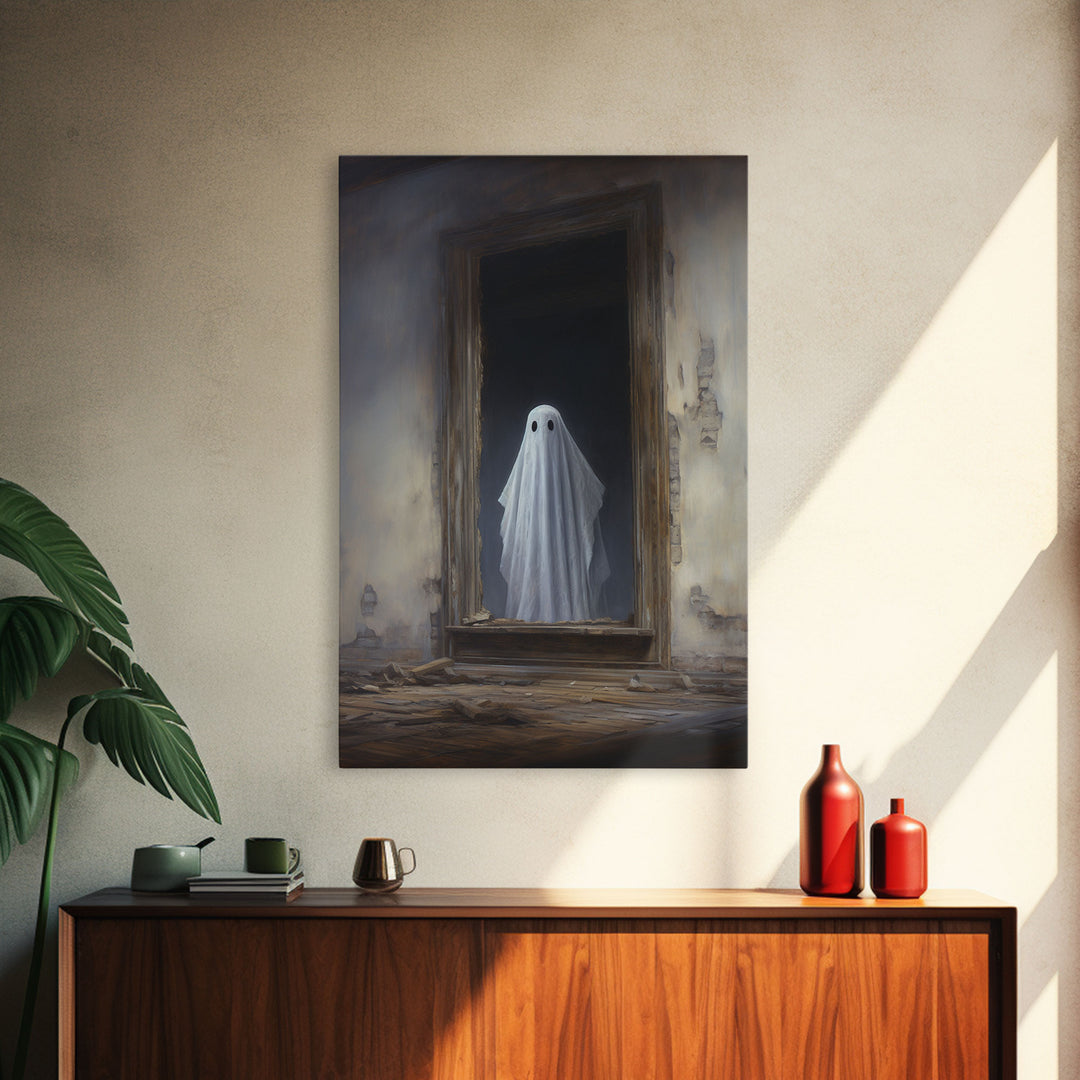 The Ghost In The Mirror, Framed Canvas or Canvas Print, Gothic Victorian Halloween Painting, Cool Halloween Decor, Dark Academia