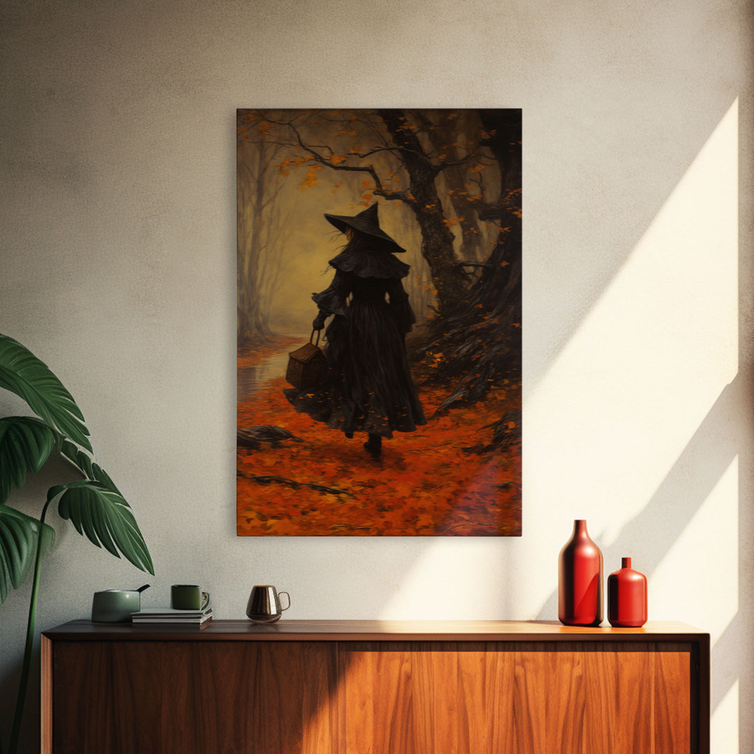 The Witch, Witch Decor, Halloween Witch, Framed Canvas, Retro Hallowen Wall Art, Halloween Canvas, Witch Painting, Fall Decor, Fall Leaves