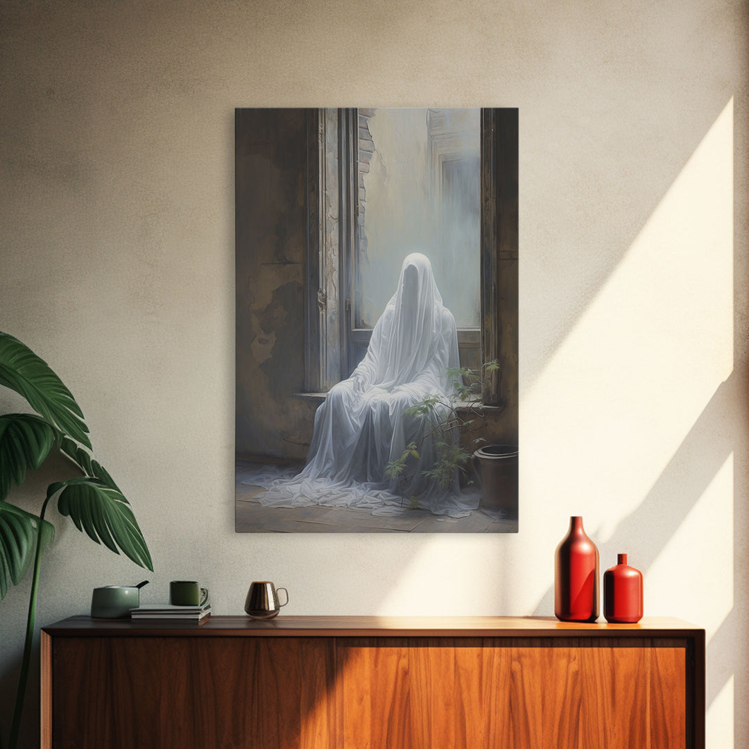 The Haunting, Ghost In The Window, Halloween Decor, Framed Canvas Print