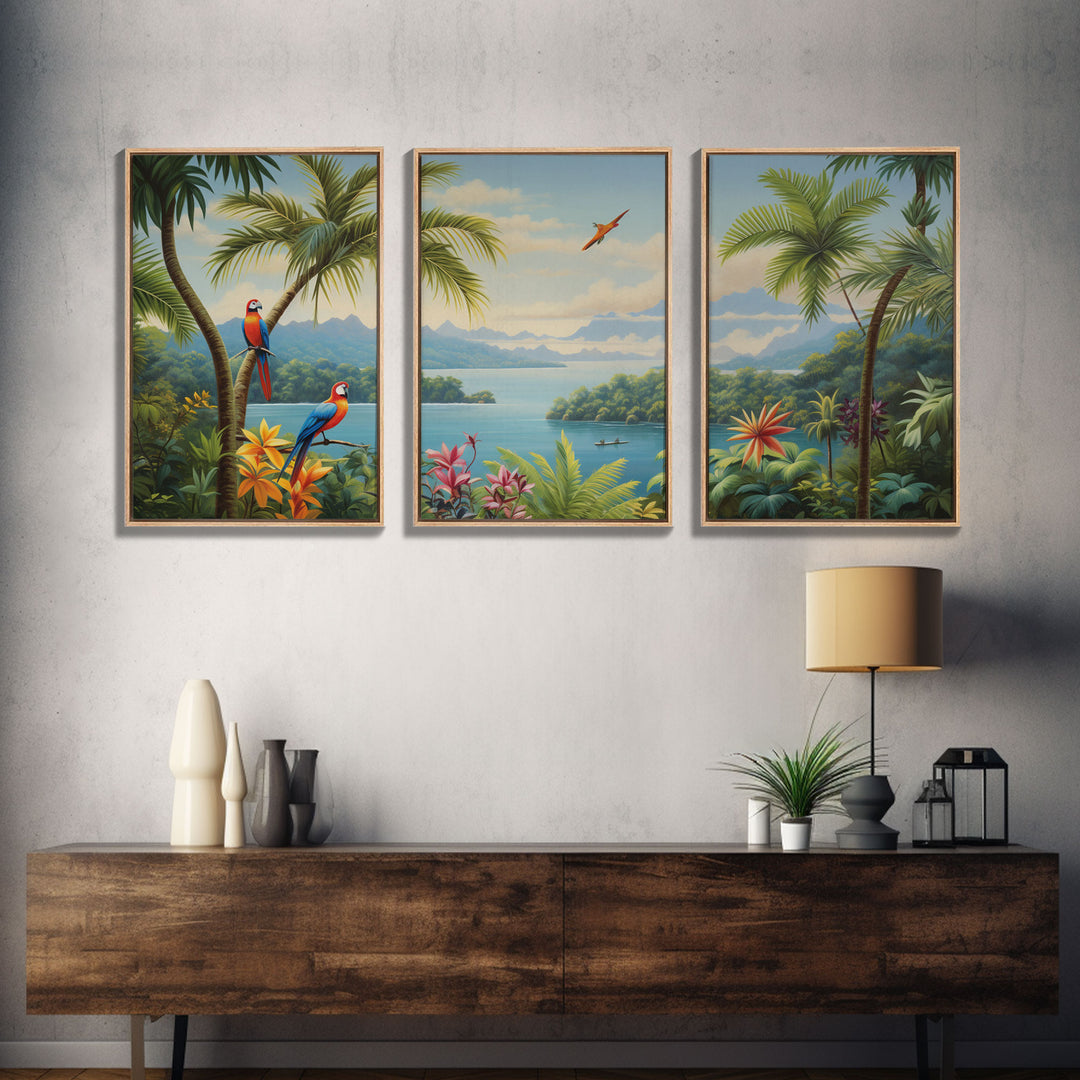 Palm Tree Art, Tropical Wall Art, Macaw, Landscape Art Print, Canvas Print, Wall Art, 3 Piece Wall Art, Retirement Gifts, Apartment Wall Art