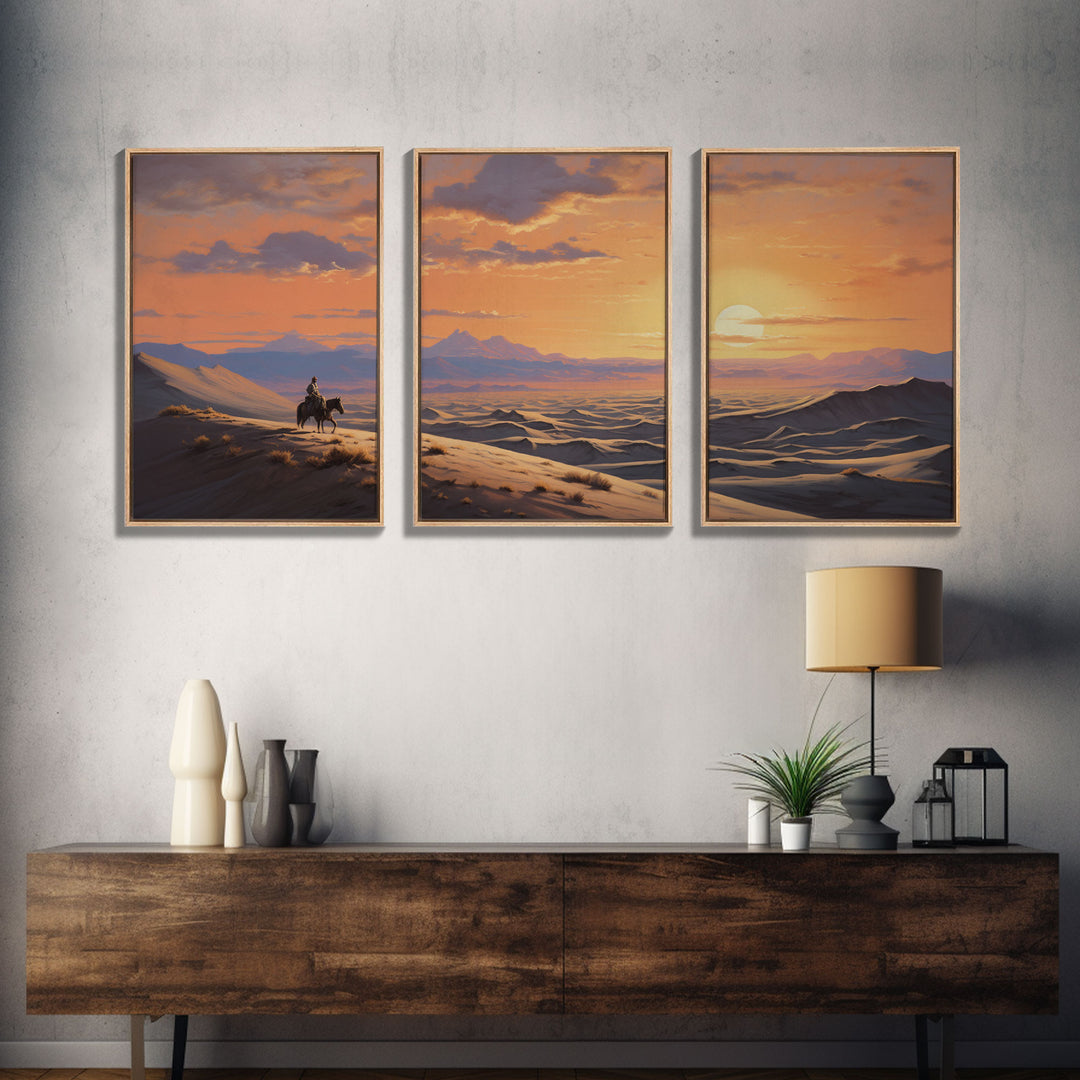 Cowboy Wall Art, Sunset Print, Landscape Wall Art, Canvas Print, Wall Art, 3 Piece Wall Art, Gift For Men, Ranch House Decor, Western Art