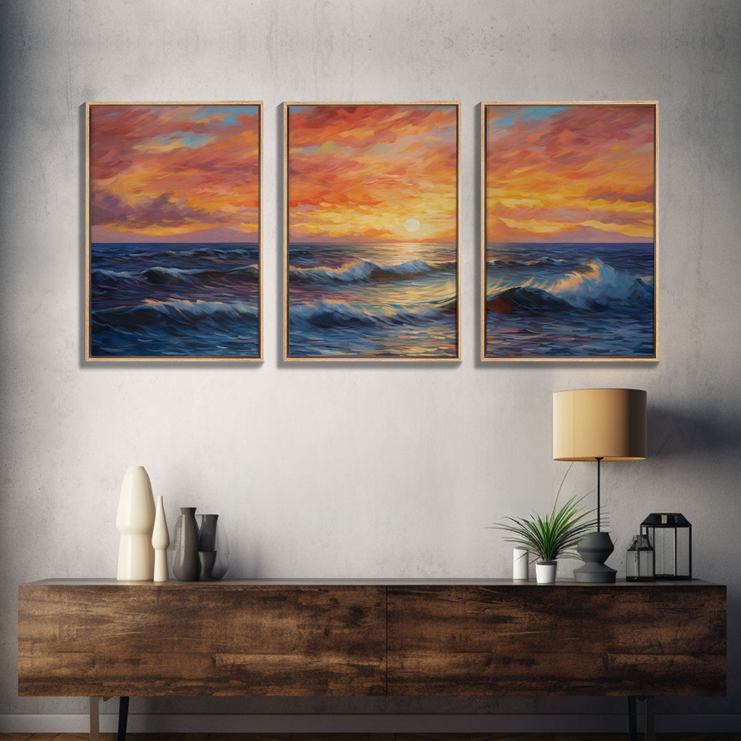 3 Piece Wall Art Blue Beach and Ocean Waves Panoramic Framed Canvas Print - Perfect for Living Room, Bedroom, Office Decor, Beach House Art