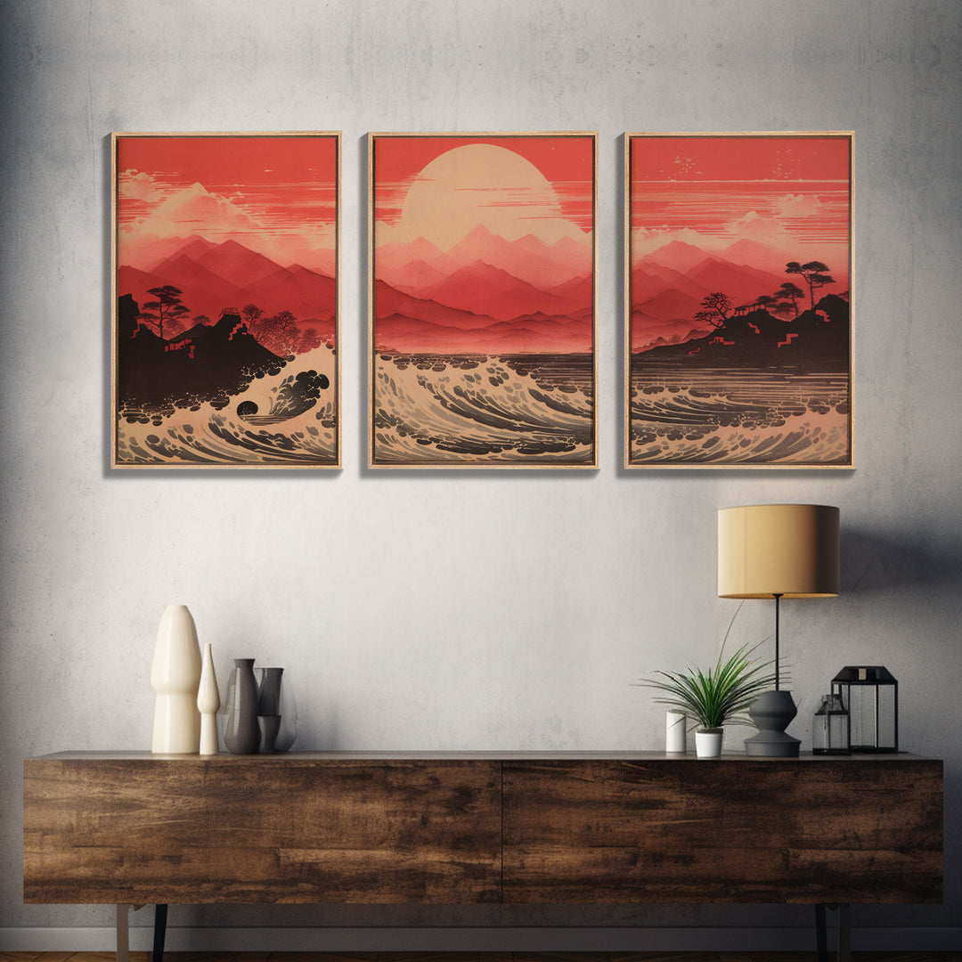 Ocean Wall Art, Ocean Waves, Mountains Print, Sunset Print, Canvas Print, Wall Art, 3 Piece Wall Art, Retro Wall Decor, Seascape Wall Art