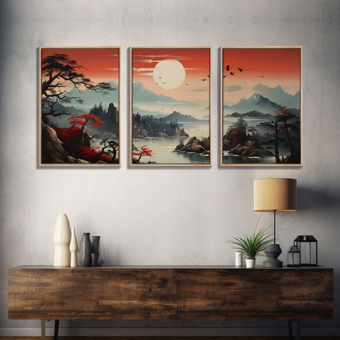 Japanese Wall Art, Mountains Print, Sunset Print, Canvas Print, Wall Art, 3 Piece Wall Art, Unique Wall Decor, Living Room Wall Art