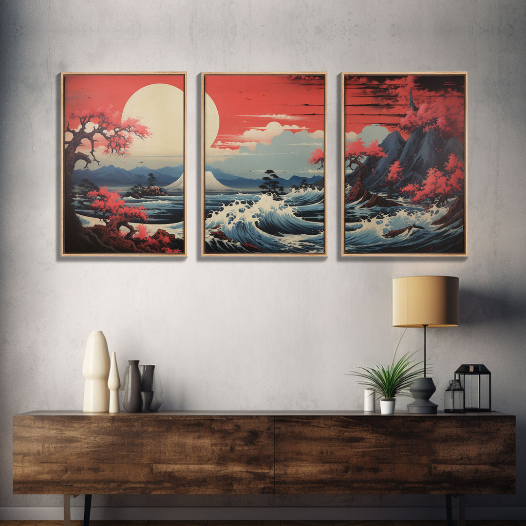 Japanese Ukiyo-e Mountains Sunset Set of 3 Prints, Japanese Ink Block, Ukiyo-e Wall Art, Living Room Art, Above Bed Decor, 3 Panel Print Set