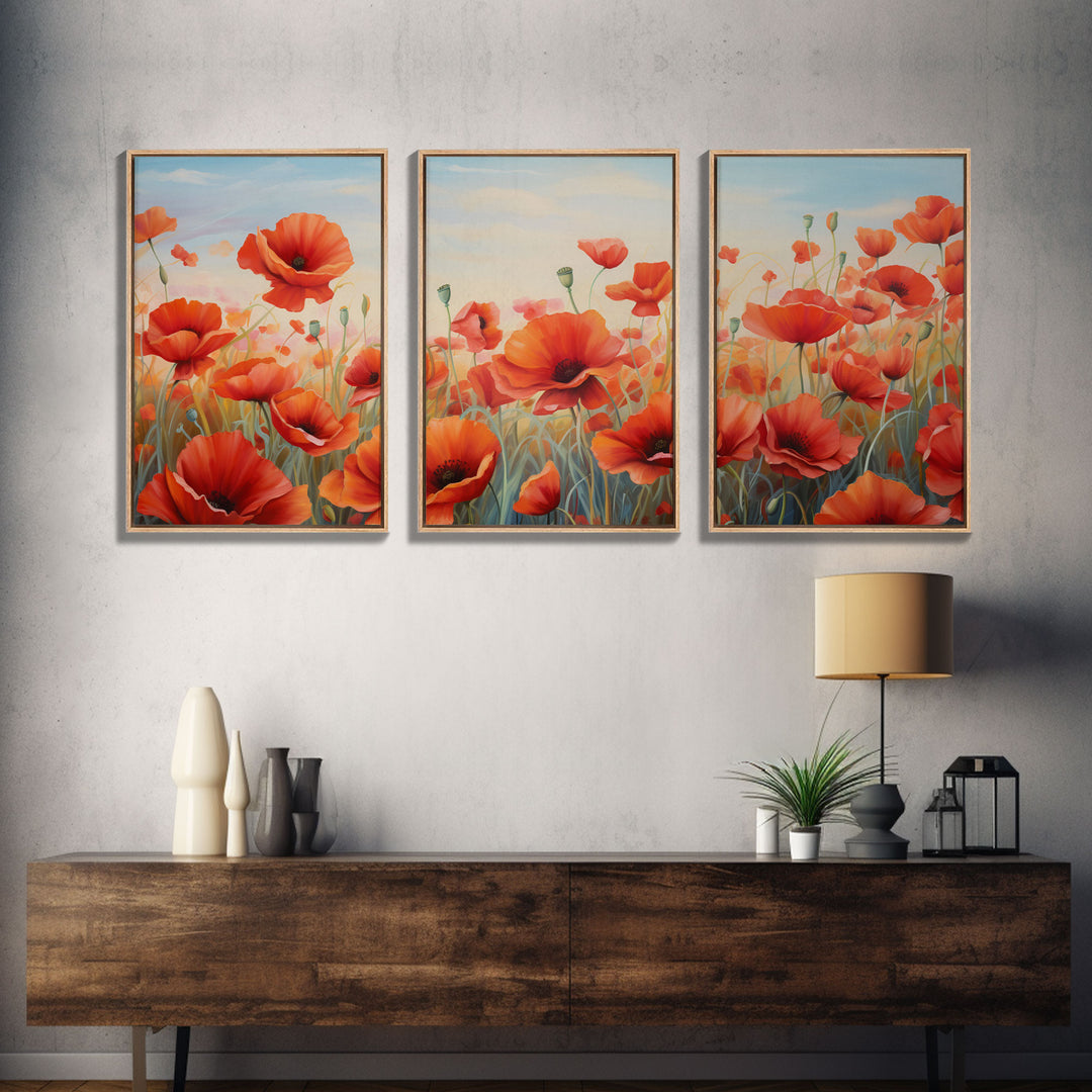 Beautiful Red Flowers, Wildflower Art, Framed Canvas Prints, 3 Piece Set, Triptych, Wall Art, Botanical Art, Floral Decor, Boho Style Art