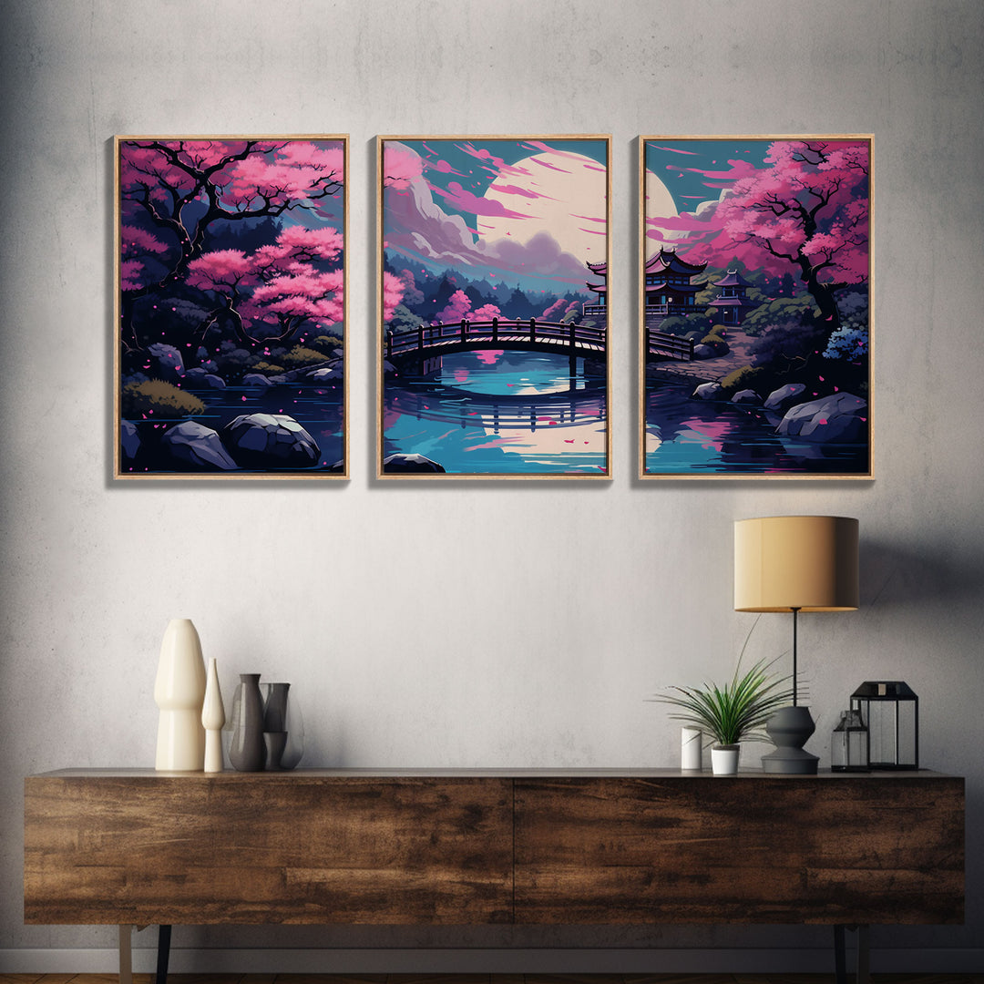 Synthwave Japanese Style Art, Framed Canvas Print, 3 Piece Triptych Set, Retro 80s Style Wall Art, Above Sofa Decor, Cool Wall Art